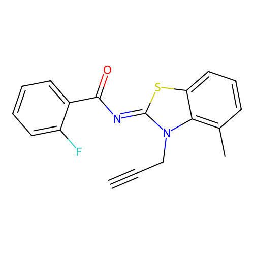 2-fluoro-N-(4-methyl-3-prop-2-ynyl-1,3-benzothiazol-2-ylidene)benzamide structure