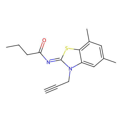N-(5,7-dimethyl-3-prop-2-ynyl-1,3-benzothiazol-2-ylidene)butanamide structure