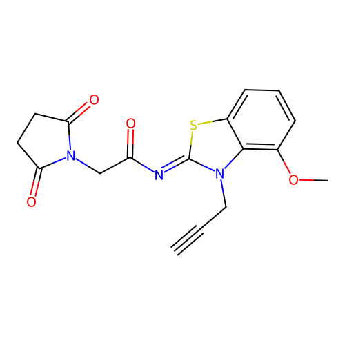 2-(2,5-dioxopyrrolidin-1-yl)-N-(4-methoxy-3-prop-2-ynyl-1,3-benzothiazol-2-ylidene)acetamide structure