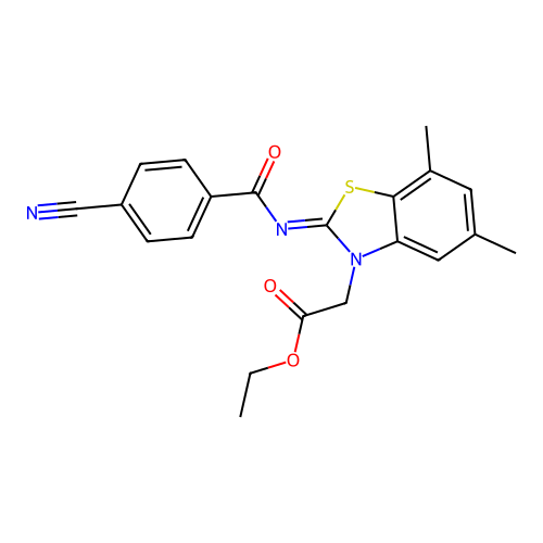 Ethyl 2-[2-(4-cyanobenzoyl)imino-5,7-dimethyl-1,3-benzothiazol-3-yl]acetate structure