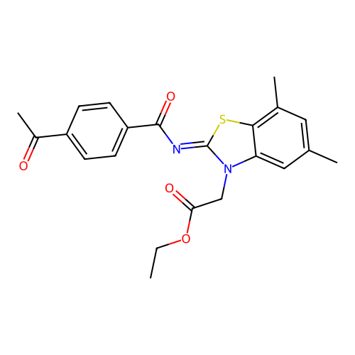Ethyl 2-[2-(4-acetylbenzoyl)imino-5,7-dimethyl-1,3-benzothiazol-3-yl]acetate structure