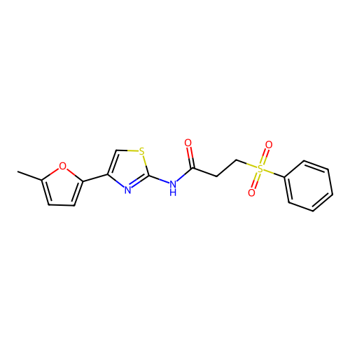 3-(benzenesulfonyl)-N-[4-(5-methylfuran-2-yl)-1,3-thiazol-2-yl]propanamide structure