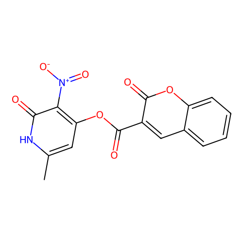 6-methyl-3-nitro-2-oxo-1,2-dihydropyridin-4-yl 2-oxo-2H-chromene-3-carboxylate structure