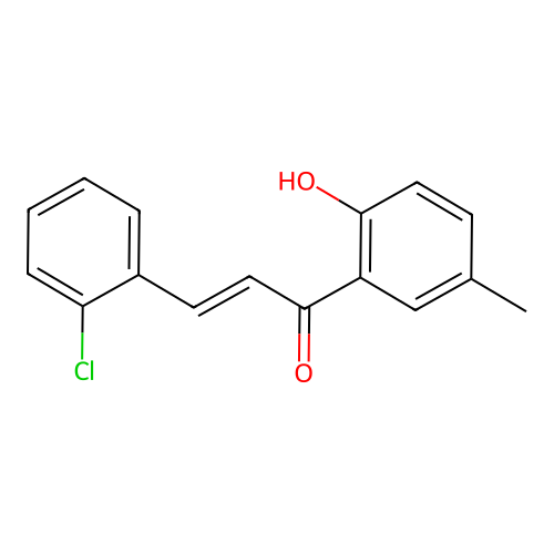 (2E)-3-(2-chlorophenyl)-1-(2-hydroxy-5-methylphenyl)prop-2-en-1-one structure