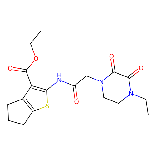 ethyl 2-(2-(4-ethyl-2,3-dioxopiperazin-1-yl)acetamido)-5,6-dihydro-4H-cyclopenta[b]thiophene-3-carboxylate structure