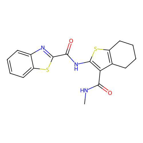 N-[3-(methylcarbamoyl)-4,5,6,7-tetrahydro-1-benzothiophen-2-yl]-1,3-benzothiazole-2-carboxamide structure
