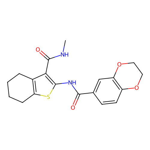 N-[3-(methylcarbamoyl)-4,5,6,7-tetrahydro-1-benzothiophen-2-yl]-2,3-dihydro-1,4-benzodioxine-6-carboxamide structure