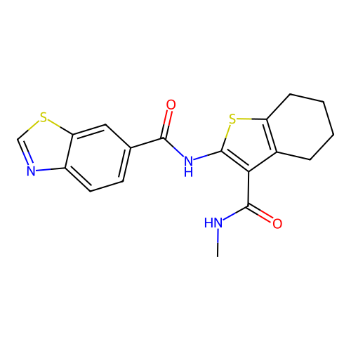 N-[3-(methylcarbamoyl)-4,5,6,7-tetrahydro-1-benzothiophen-2-yl]-1,3-benzothiazole-6-carboxamide structure