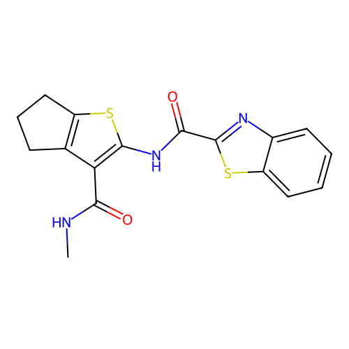 N-[3-(methylcarbamoyl)-5,6-dihydro-4H-cyclopenta[b]thiophen-2-yl]-1,3-benzothiazole-2-carboxamide structure