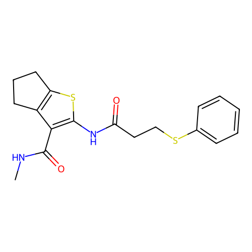 N-methyl-2-(3-(phenylthio)propanamido)-5,6-dihydro-4H-cyclopenta[b]thiophene-3-carboxamide structure