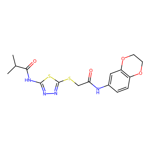 N-[5-[2-(2,3-dihydro-1,4-benzodioxin-6-ylamino)-2-oxoethyl]sulfanyl-1,3,4-thiadiazol-2-yl]-2-methylpropanamide structure