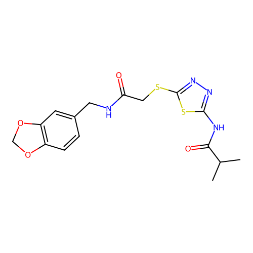 N-(5-((2-((benzo[d][1,3]dioxol-5-ylmethyl)amino)-2-oxoethyl)thio)-1,3,4-thiadiazol-2-yl)isobutyramide structure