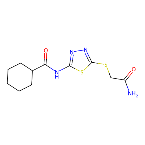 N-[5-(2-amino-2-oxoethyl)sulfanyl-1,3,4-thiadiazol-2-yl]cyclohexanecarboxamide structure
