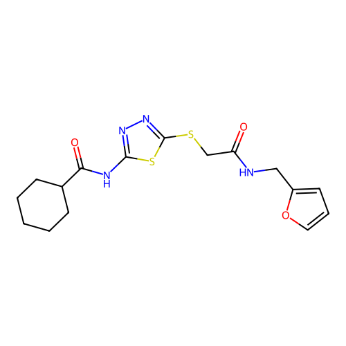 N-[5-[2-(furan-2-ylmethylamino)-2-oxoethyl]sulfanyl-1,3,4-thiadiazol-2-yl]cyclohexanecarboxamide structure