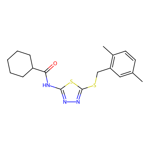 N-(5-((2,5-dimethylbenzyl)thio)-1,3,4-thiadiazol-2-yl)cyclohexanecarboxamide structure