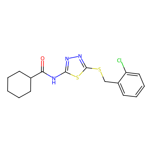 N-(5-((2-chlorobenzyl)thio)-1,3,4-thiadiazol-2-yl)cyclohexanecarboxamide structure
