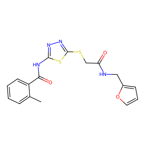 N-[5-[2-(furan-2-ylmethylamino)-2-oxoethyl]sulfanyl-1,3,4-thiadiazol-2-yl]-2-methylbenzamide structure