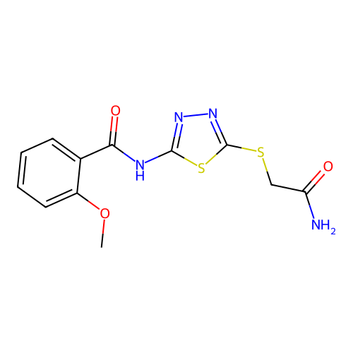N-[5-(2-amino-2-oxoethyl)sulfanyl-1,3,4-thiadiazol-2-yl]-2-methoxybenzamide structure