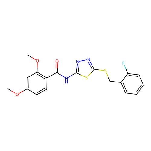 N-(5-((2-fluorobenzyl)thio)-1,3,4-thiadiazol-2-yl)-2,4-dimethoxybenzamide structure