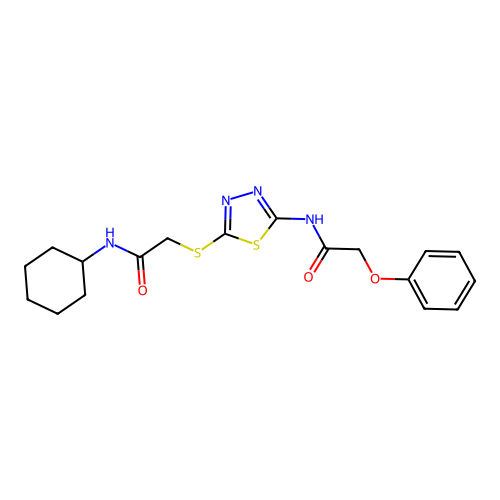 N-cyclohexyl-2-((5-(2-phenoxyacetamido)-1,3,4-thiadiazol-2-yl)thio)acetamide structure