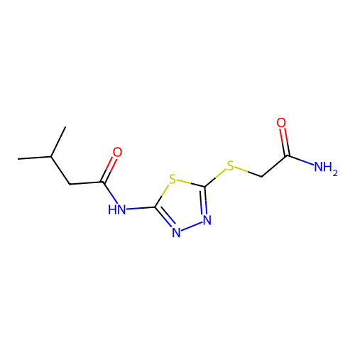 N-[5-(2-amino-2-oxoethyl)sulfanyl-1,3,4-thiadiazol-2-yl]-3-methylbutanamide structure