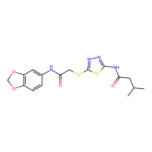 N-[5-({[(2H-1,3-benzodioxol-5-yl)carbamoyl]methyl}sulfanyl)-1,3,4-thiadiazol-2-yl]-3-methylbutanamide structure