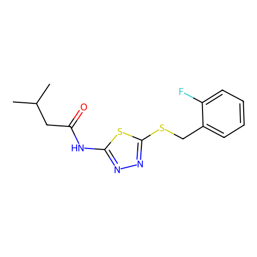 N-(5-((2-fluorobenzyl)thio)-1,3,4-thiadiazol-2-yl)-3-methylbutanamide structure