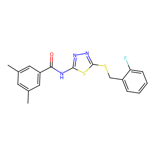 N-(5-((2-fluorobenzyl)thio)-1,3,4-thiadiazol-2-yl)-3,5-dimethylbenzamide structure
