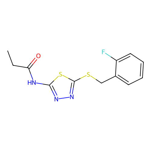 N-[5-[(2-fluorophenyl)methylsulfanyl]-1,3,4-thiadiazol-2-yl]propanamide structure