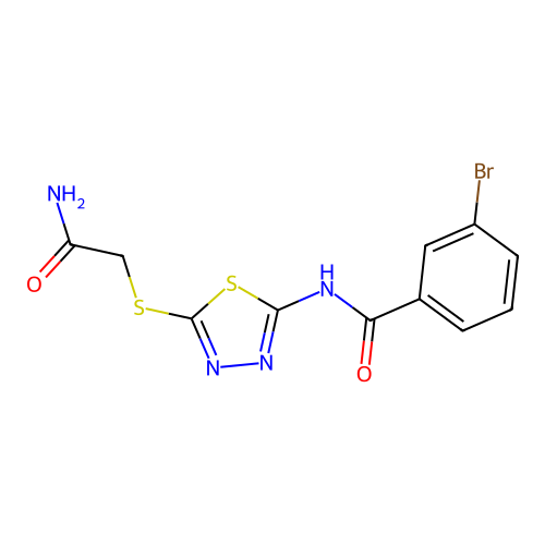 N-(5-((2-amino-2-oxoethyl)thio)-1,3,4-thiadiazol-2-yl)-3-bromobenzamide structure