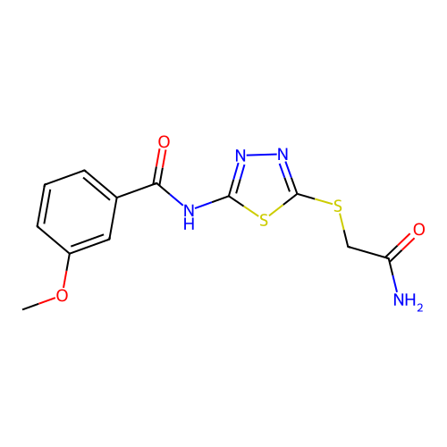 N-(5-((2-amino-2-oxoethyl)thio)-1,3,4-thiadiazol-2-yl)-3-methoxybenzamide structure