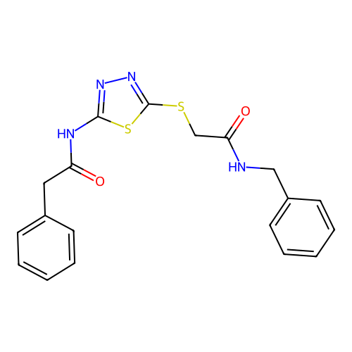 N-benzyl-2-((5-(2-phenylacetamido)-1,3,4-thiadiazol-2-yl)thio)acetamide structure