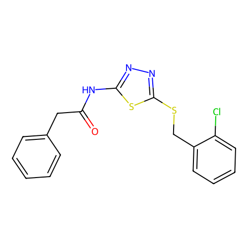 N-[5-[(2-chlorophenyl)methylsulfanyl]-1,3,4-thiadiazol-2-yl]-2-phenylacetamide structure