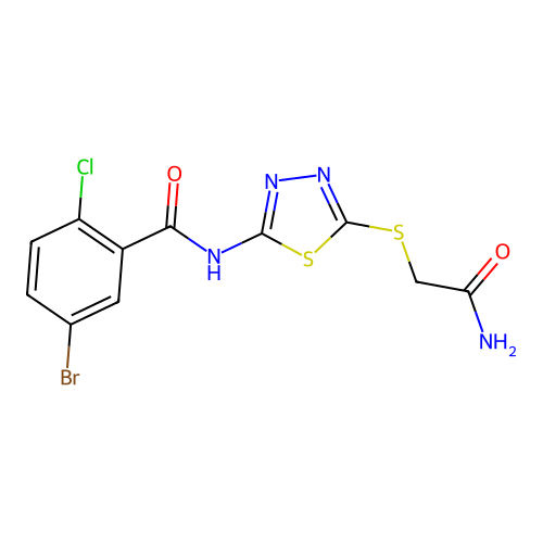 N-(5-((2-amino-2-oxoethyl)thio)-1,3,4-thiadiazol-2-yl)-5-bromo-2-chlorobenzamide structure