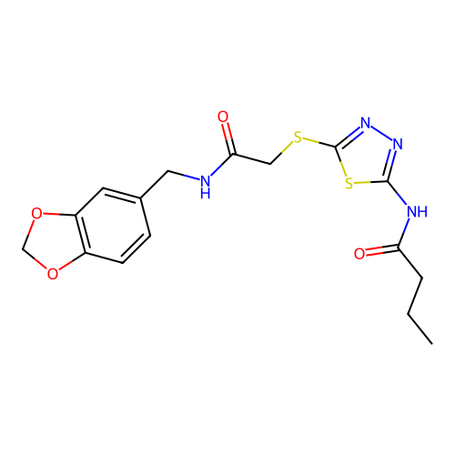 N-{5-[({[(2H-1,3-benzodioxol-5-yl)methyl]carbamoyl}methyl)sulfanyl]-1,3,4-thiadiazol-2-yl}butanamide structure