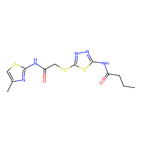 N-(5-((2-((4-methylthiazol-2-yl)amino)-2-oxoethyl)thio)-1,3,4-thiadiazol-2-yl)butyramide structure