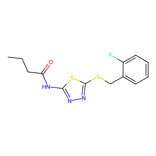 N-(5-((2-fluorobenzyl)thio)-1,3,4-thiadiazol-2-yl)butyramide structure