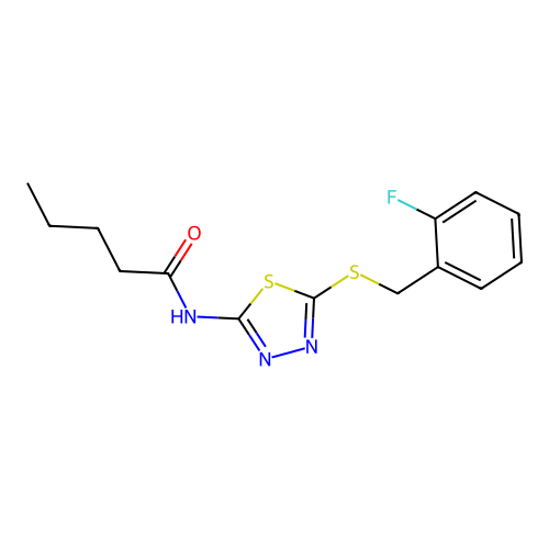 N-(5-((2-fluorobenzyl)thio)-1,3,4-thiadiazol-2-yl)pentanamide structure