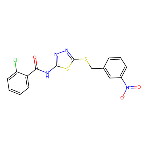 2-chloro-N-(5-((3-nitrobenzyl)thio)-1,3,4-thiadiazol-2-yl)benzamide structure