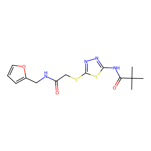 N-(5-((2-((furan-2-ylmethyl)amino)-2-oxoethyl)thio)-1,3,4-thiadiazol-2-yl)pivalamide structure