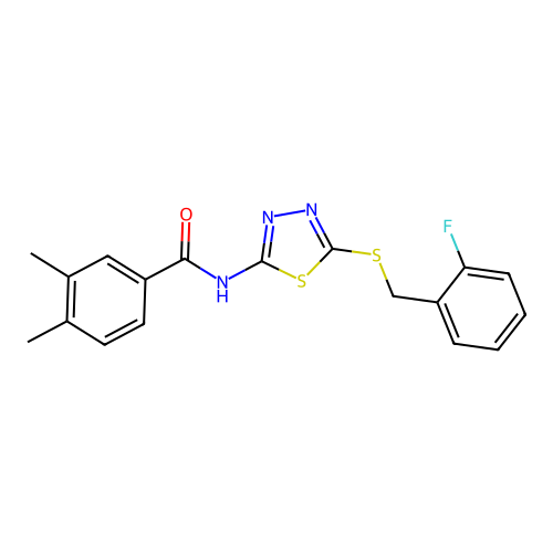 N-(5-((2-fluorobenzyl)thio)-1,3,4-thiadiazol-2-yl)-3,4-dimethylbenzamide structure