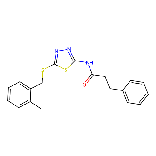 N-[5-[(2-methylphenyl)methylsulfanyl]-1,3,4-thiadiazol-2-yl]-3-phenylpropanamide structure