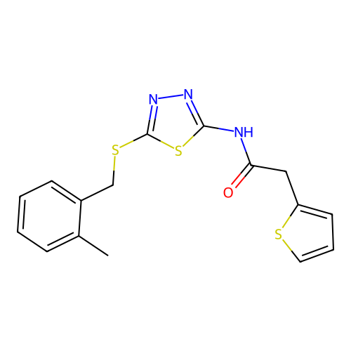 N-(5-{[(2-methylphenyl)methyl]sulfanyl}-1,3,4-thiadiazol-2-yl)-2-(thiophen-2-yl)acetamide structure
