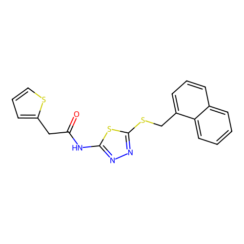 N-(5-{[(naphthalen-1-yl)methyl]sulfanyl}-1,3,4-thiadiazol-2-yl)-2-(thiophen-2-yl)acetamide structure
