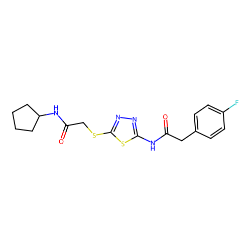 N-cyclopentyl-2-({5-[2-(4-fluorophenyl)acetamido]-1,3,4-thiadiazol-2-yl}sulfanyl)acetamide structure