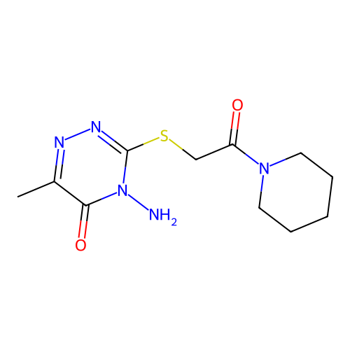 4-amino-6-methyl-3-((2-oxo-2-(piperidin-1-yl)ethyl)thio)-1,2,4-triazin-5(4H)-one structure