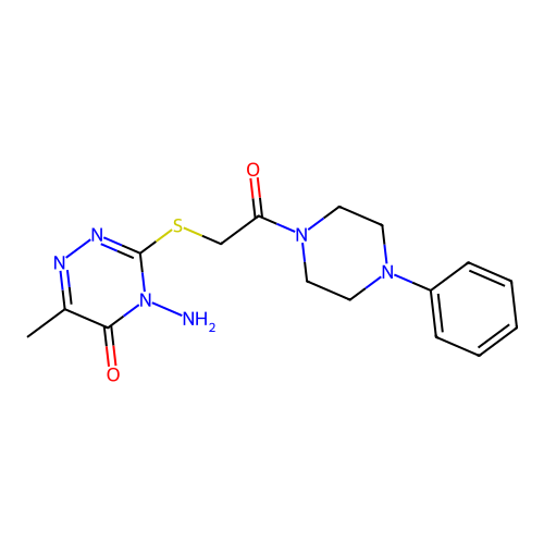 4-amino-6-methyl-3-((2-oxo-2-(4-phenylpiperazin-1-yl)ethyl)thio)-1,2,4-triazin-5(4H)-one structure