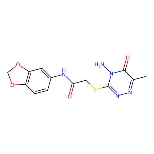 2-[(4-amino-6-methyl-5-oxo-1,2,4-triazin-3-yl)sulfanyl]-N-(1,3-benzodioxol-5-yl)acetamide structure