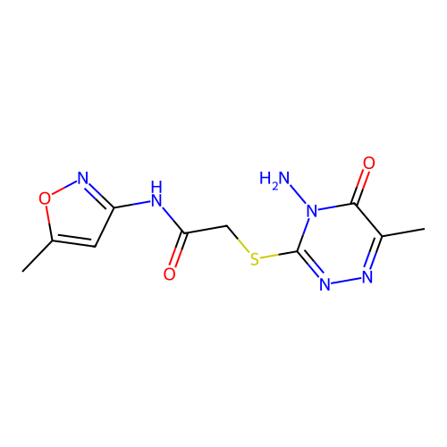 2-[(4-amino-6-methyl-5-oxo-4,5-dihydro-1,2,4-triazin-3-yl)sulfanyl]-N-(5-methyl-1,2-oxazol-3-yl)acetamide structure