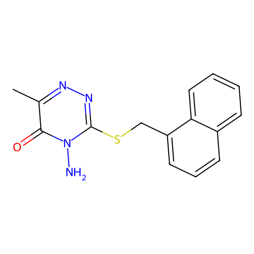4-amino-6-methyl-3-((naphthalen-1-ylmethyl)thio)-1,2,4-triazin-5(4H)-one structure